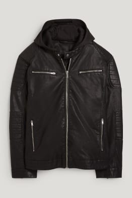 Bikerjacke mit Kapuze - Lederimitat
