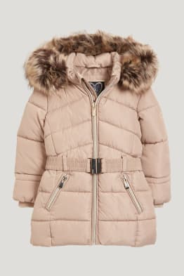 Quilted jacket with hood and faux fur trim