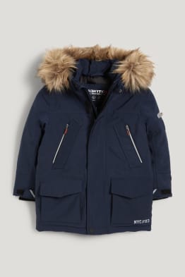 Jacket with hood and faux fur trim