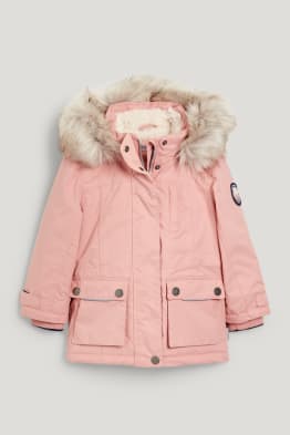 Jacket with hood and faux fur trim