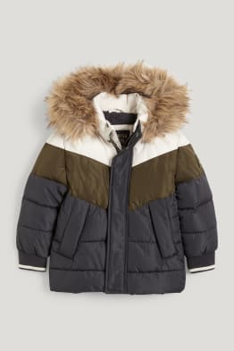 Steppjacke mit Kapuze und Kunstfellbesatz