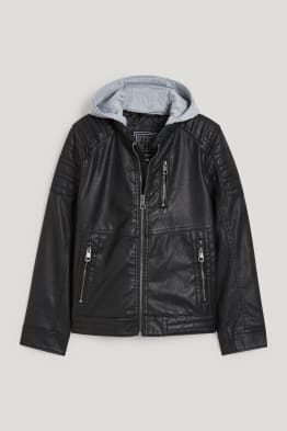 Bikerjacke mit Kapuze - Lederimitat