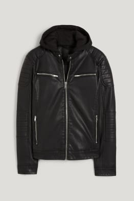 Biker jacket with hood - faux leather