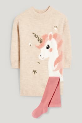Unicorn - set - knitted dress and tights - 2 piece