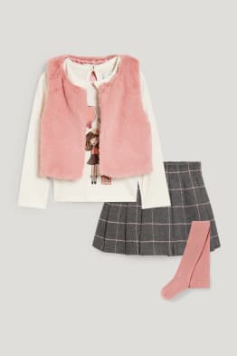 Set - maglia a maniche lunghe, gilet di ecopelliccia, gonna e calzamaglia