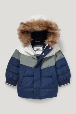 Baby quilted jacket with hood and faux fur trim