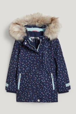 Regenjacke mit Kapuze und Kunstfellbesatz - gemustert