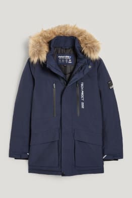 Jacket with hood and faux fur trim