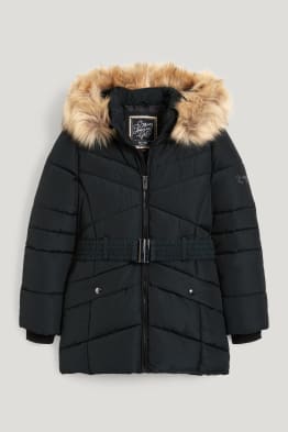 Quilted jacket with hood and faux fur trim