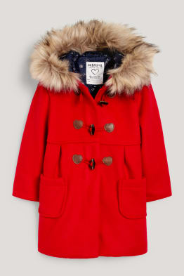 Coat with hood and faux fur trim