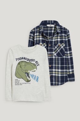Motiv dinosaura - souprava - flanelová košile a tričko s dlouhým rukávem - 2dílná