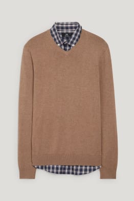 Fijn gebreide trui en overhemd - regular fit - button down