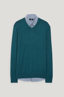 Fijn gebreide trui en overhemd - regular fit - button down