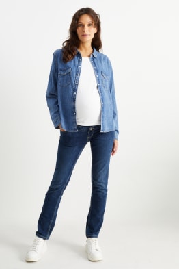 jean de grossesse coupe slim avec large bandeau elastique bleu