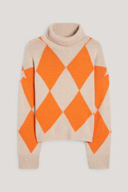 Polo neck jumper with cashmere - check