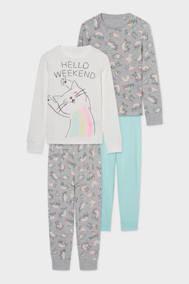 Kids Girls - Set van 2 - pyjama - biokatoen - 4-delig - wit / grijs