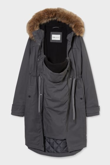Femmes - Parka de grossesse à capuche, garniture en fausse fourrure et empiècement porte-bébé amovible. - gris foncé