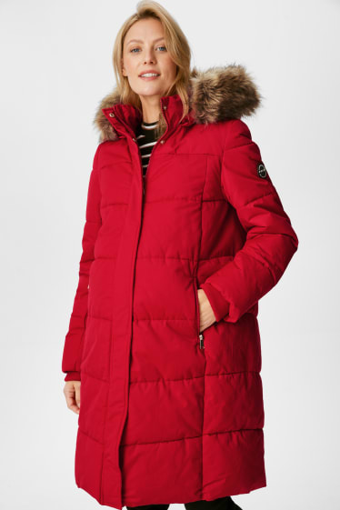 Dámské - Těhotenský prošívaný kabát s kapucí - nosící - červená