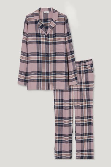 Dames - Flanellen pyjama - geruit - donker rose