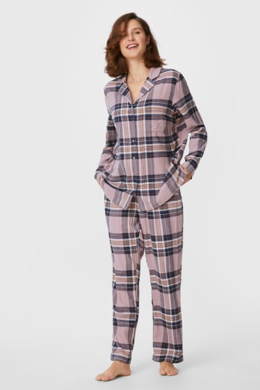 Dames - Flanellen pyjama - geruit - donker rose