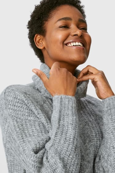 Damen - Rollkragenpullover - recycelt - grau-melange