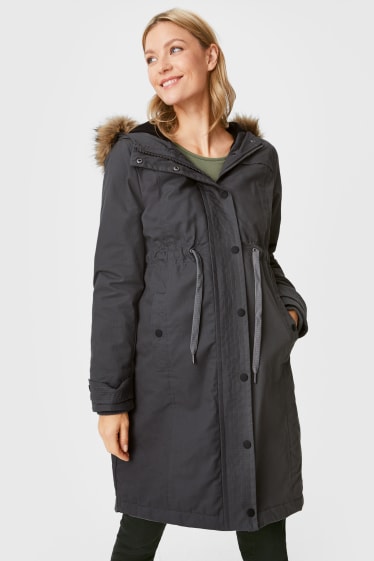 Femmes - Parka de grossesse à capuche, garniture en fausse fourrure et empiècement porte-bébé amovible. - gris foncé