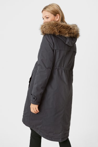 Femmes - Parka de grossesse à capuche, garniture en fausse fourrure et empiècement porte-bébé amovible. - gris foncé