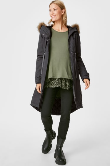 Femmes - Parka de grossesse à capuche, garniture en fausse fourrure et empiècement porte-bébé amovible. - gris foncé