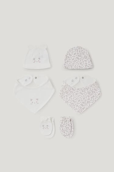Baby Girls - 2 căciuli, 2 eșarfe triunghiulare și 2 perechi de mănuși antizgâriere pentru bebeluși - alb-crem