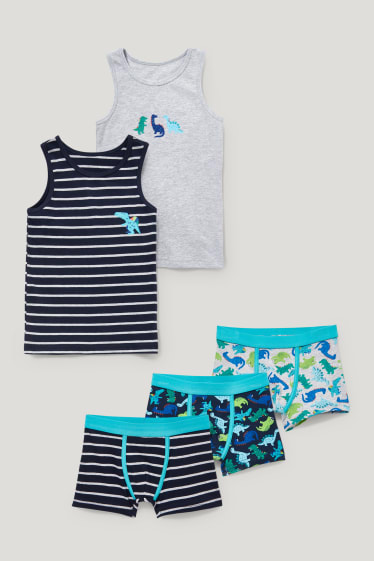 Toddler Boys - Dino - set - 2 hemdjes en 3 boxershorts - donkerblauw