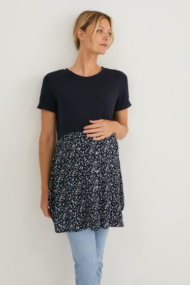 Dames - Zwangerschaps-T-shirt - 2-in-1-look - donkerblauw