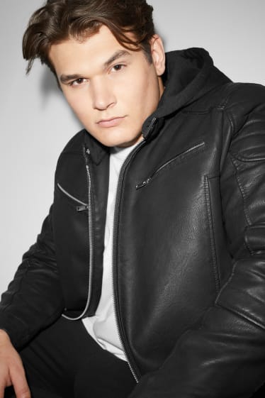Exclu web - CLOCKHOUSE - Blouson de motard avec capuche - similicuir - noir