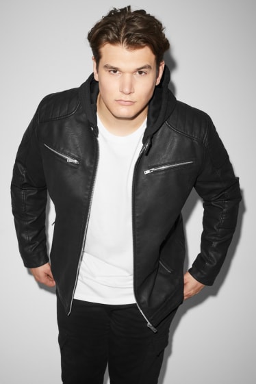 Exclu web - CLOCKHOUSE - Blouson de motard avec capuche - similicuir - noir