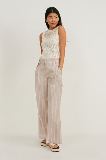 Women - Trousers - high waist - wide leg - linen blend - striped - beige