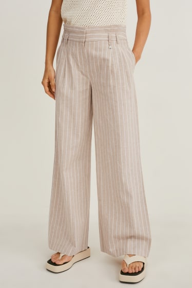 Women - Trousers - high waist - wide leg - linen blend - striped - beige