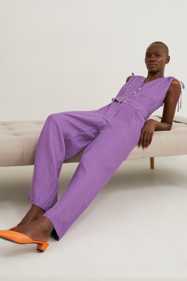 Damen - Leinen-Jumpsuit - violett