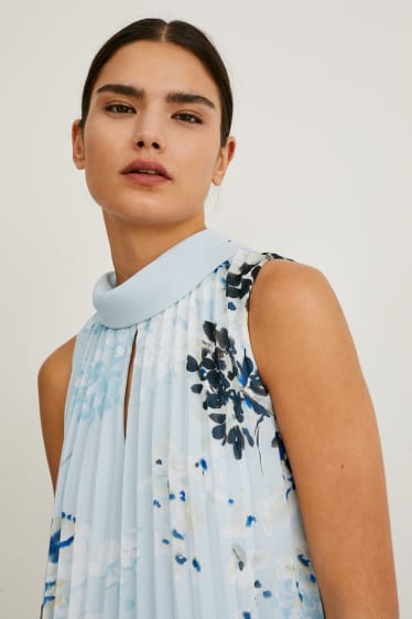Femmes - Robe de gaze plissée - matière recyclée - à fleurs - bleu clair