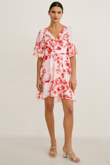Femmes - Robe croisée - à fleurs - rose