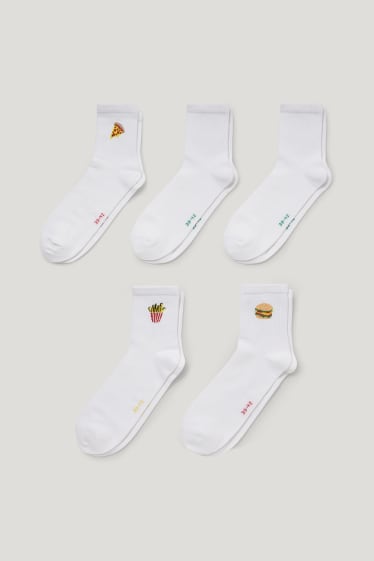 Femei - Multipack 5 perechi - șosete de tenis cu motive - fast food - alb