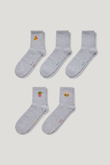 Dámské - Multipack 5 ks - tenisové ponožky s motivem - fast food - světle šedá-žíhaná