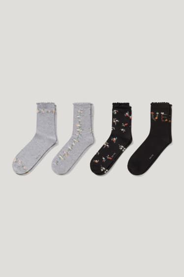 Dámské - Multipack 4 ks - ponožky s motivem - květiny - bio bavlna - černá