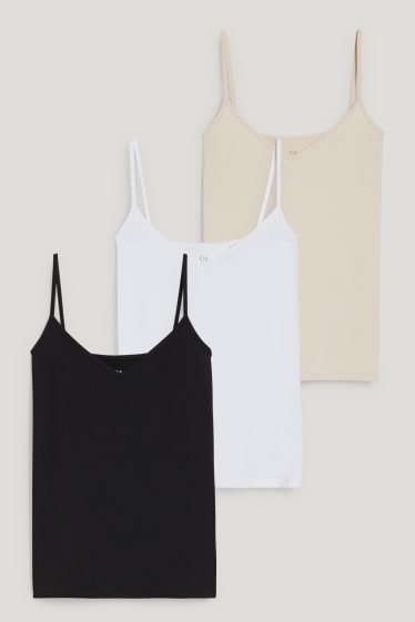 Damen - Multipack 3er - Basic-Top - schwarz / beige