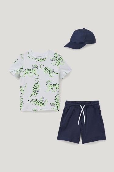 Garçons - Ensemble - T-shirt, short en molleton et casquette de baseball - 3 pièces - bleu foncé