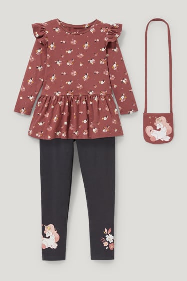 Małe dziewczynki - Komplet - bluzka z długim rękawem, legginsy i torebka - 3 części - bordowy