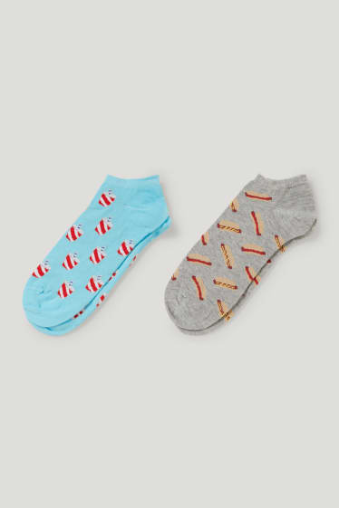 Hombre - Pack de 2 - calcetines tobilleros con dibujo - comida rápida - LYCRA® - gris / turquesa