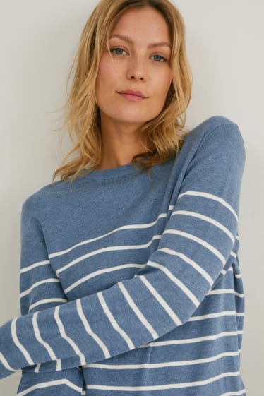 Women - Fine knit jumper - striped - dark blue