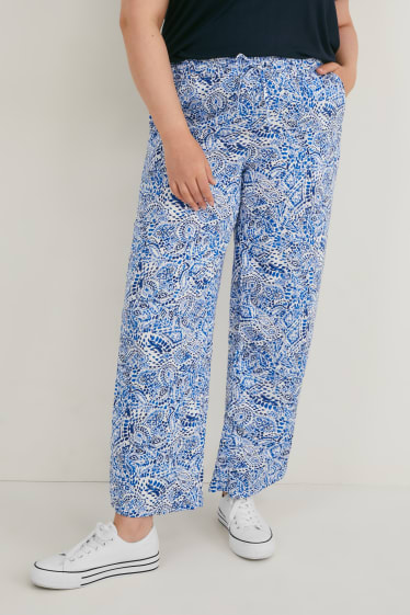 Women - Cloth trousers - mid-rise waist - wide leg - dark blue / white