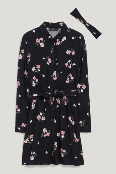 Niñas - Set - vestido y diadema - 2 piezas - de flores - negro