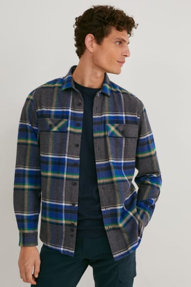 Uomo - Camicia di flanella - regular fit - collo all'italiana - a quadretti - grigio melange