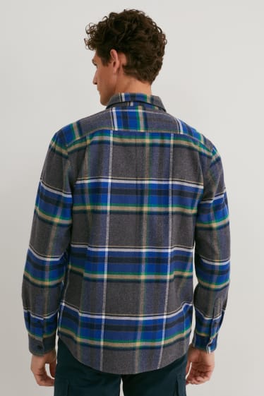 Uomo - Camicia di flanella - regular fit - collo all'italiana - a quadretti - grigio melange